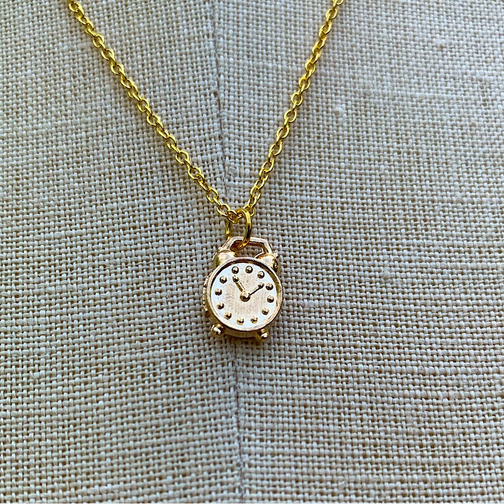NWT Sterling Silver Plated 2-Tone Gold Chain & Alarm Clock Charm Necklace